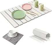 Spardar Stone Dish Drying Mats, with Cleaning Cloth, Quick-Drying Foldable Dish Drying Mat, Suitable for Any Countertop, Suitable for Dishes, Bottles and Cups, 60x40 cm (White)