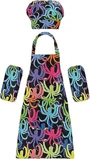 AIXIWAWA Kids Apron Chef Hat Set, Child Kitchen Bib Aprons Adjustable for Cooking Baking Painting (Cute Octopuses)