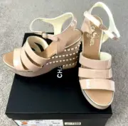 CHANEL Pearl Platform Wedge Sandals Nude Beige-Pink EU size 42 RARE 19P