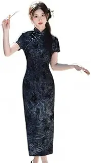 [ChangNanJun] Women's Velvet Long Cheongsam Dress Flower Patterned Mandarin Collar Traditional Short Sleeve Chinese Qipao