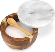 HESHIBI Wooden Salt Cellar Box with Marble Lid & Spoon, Modern White Stone Salt or Pepper Sugar Spice Seasoning Bowl Container Jar Holder Well Keeper Dish Pig Crock for Kitchen