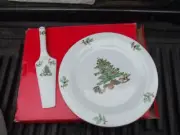 VINTAGE N.O.S. TIENSHAN HOLIDAY HOSTESS, 2Pc CHRISTMAS CAKE PLATTER WITH SERVER