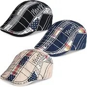 [Geyoga] 3 Pack Men Beret Hat Patchwork Newsboy Hats Adjustable Cabbie Hats for Men Cotton Flat Cap for Driving Hunting Fishing Outdoor Activities, Black, Dark Blue, Medium Gray, One Size
