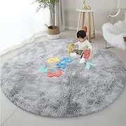 Fluffy Round Rug for Bedroom, 180cm Light Grey Circle Rug, Furry Plush Shaggy Circular Carpet for Kids, Teen's, Nursery Room, Modern Fuzzy Cute Decor