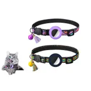 2pcs Pet Collar with Airtag Holder Geometric Pattern Cat Collar with Bell and Tassel-Purple and Dark blue