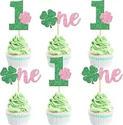 Ercadio 24 Pack Happy St Patrick's Day Cupcake Toppers Pink Glitter 1st Four Leaf Cake Four Leaf Cupcake Toppers for St Patrick's Day Theme Party Birthday Cake Decor Supplies