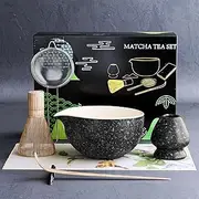 AUSELECT Matcha Whisk Set - 4Pcs Ceramic Matcha Kit for Traditional Ceremonial Tea with Handcrafted Matcha Bowl, Bamboo Whisk, Bamboo Scoop and Holder - Japanese Tea Kit for Matcha Lovers, Black