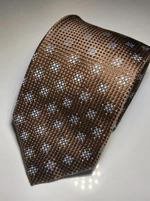 NWT Ermenegildo Zegna Silk Tie Brown Blue Foulard Weave Geometric Pattern Italy