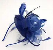 Navy blue fascinator alice hair band with stiffened net loops and feather.b10