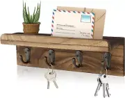 Rustic Key Holder for Wall Farmhouse Shelf with 4 Hooks Key Racks Mail Organizer