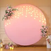 6.6 FT Pink Round Backdrop Cover with Lights String for Circle Arch Stand, Circle Backdrop Covers with LED Fairy Lights for Wedding Baby Shower Girls Birthday Party Photo Shoot Photography Background