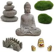 Meditation Zen Garden Accessories - Miniature Buddha Garden Kit Micro Landscape Terrarium Kit DIY Fairy Garden Buddha Statue Bridge Pagoda Moss Stone