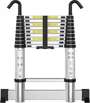 [ARCHOM] Telescoping Ladder with Hooks 9.5 FT - Aluminum Telescopic Ladder with Stabilizer - Retractable Extension Ladders for Home Loft Roof RV Work with EN131 Certification - 330lbs Max Capacity
