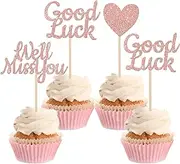 SYKYCTCY 24 Pack We Will Miss You Cupcake Toppers Glitter Red Love Heart Good Luck Cupcake Picks Retirement Theme Going Away Party Cake Decorations (Rose Gold)