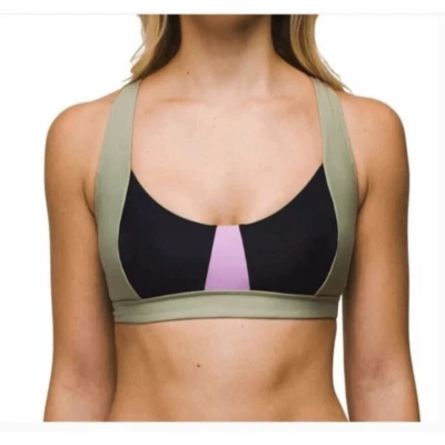 Prana Tulum Bikini Top Black Color Block Purple Green Lace back sz XL NWT