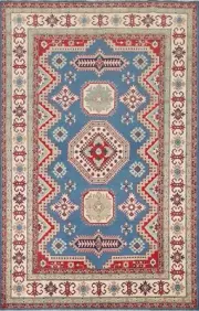 Blue/ Ivory Super Kazak Geometric Oriental Area Rug 7'x10' Wool Hand-knotted Rug