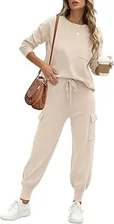 [Caracilia] Women's Two Piece Outfits Sweater Sets Long Sleeve Knit Tops Matching Cargo Jogger Pants 2024 Fall Lounge Sets