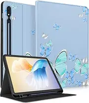 Wazzasoft for Samsung Galaxy Tab S9 Plus Case 12.4 Inch 2023 Folio Cover with Pencil Holder Cute Pretty Design Girly Kawaii Blue Butterfly Tablet Case