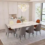 Extendable Dining Table Sintered Stone: Rectangular Kitchen Room Table Stretchable 150cm - 180cm Snow Mountain White Marble Texture Leaves Tables 6-8 Seater with Flat-Sided Oval Steel Legs