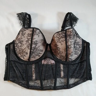 Victoria's Secret Dream Angels Lace Cap-Sleeve Bustier Corset Top XL Black Sheer