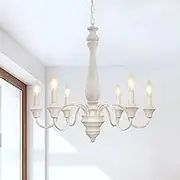 KMaiPem Vintage Wooden Pendant Light, 6 Lights, Traditional White Farmhouse Pendant Lamp, Height-Adjustable French Chandelier for Living Room, Bedroom, Dining Room, Hallway