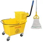 Commercial Mop Bucket with Side Press Wringer on Wheels, 35Qt,Yellow Includin...