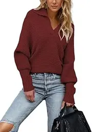 [RanRui] Women's Winter Fall Collection Fashion Long-Sleeved Solid Color Knitted Sweater Loose Pullover Lapel Sweater& Pullover Tops