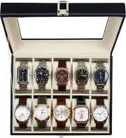 Watch Box, 10 Watch Case with Real Glass Lid, Watch Display Case with PU Leathe