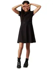 [Calvin Klein Jeans] GIRLS 8-16 Logo Tape Short Sleeve Punto Dress in Black