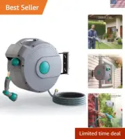 Retractable Garden Hose Reel Wall Mount 100ft 10-Function Nozzle Tangle Free