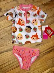 NEW Cocomelon 2 pc Rash Guard Swimsuit Set Toddler Girl's Size 12 Months UPF 50+