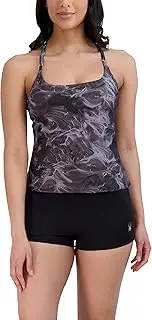 [Spyder] Women's Standard Spaghetti Tankini Tummy Control Quick Dry Removable Cup Adjustable Strap Boy Short Bottom Swimsuit Set, Slicked Black/Solid Black