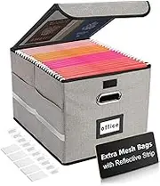 JALIELL Upgraded File Organizer Box with Storage Lid, Portable File Box with Mesh Pockets & Reflective Strip, Hanging File Folder Organizer, Decorative Home/Office/School File Filing Cabinet (Gray)