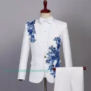 Men's Slim Fit Sequins Suit 2 Piece Blazer Pants Floral One Button Formal