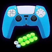 Blue PS5 Controller Skin Silicone Grip Glow in Dark Protective Case for PS5 Controller with 8 Glow in The Dark Thumb Grips Caps + 2 Cute Cat Paw Thumb Grips Caps.