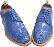 [Generic] Authentic Real Stingray Skin Fashion Red Blue Men's Dress Shoes Genuine Exotic Leather High-end Male Lace-up Party Dress Oxfords, Blue, 10.5