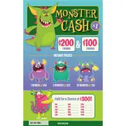 MONSTER CASH 1 POINT/325P 1100 PULL TAB HARD CARD TICKETS 2 SEALS WIN GAME