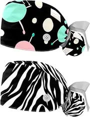[YTYVAGT] 2-Pc,Nurse Scrub Caps,Scrub Hats with Buttons and Cotton Sweatband,Black White Wave Dot Pattern