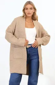Charles Cardigan - Open Front Knit Cardigan with Pockets in Camel