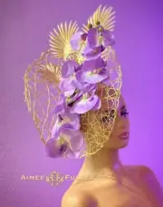 Kentucky Derby Fascinator Big Del Mar Hat Gold Palm Leaf Purple Orchid Church