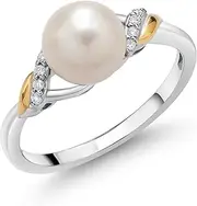 [Gem Stone King] 925 Sterling Silver and 10K Yellow Gold Cultured Freshwater Pearl and Lab Grown Diamond Ring for Women (Round 7-7.5MM Pearl, Available in Size 5,6,7,8,9)