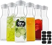 Cuiselect 50 Oz Water Carafe with Lids, Square Plastic Pitcher for Mimosa Bar, Drinks, Milk, Iced Tea, Juice Container for Fridge, BPA-Free, NOT DISHWASHER SAFE (6 Pack)