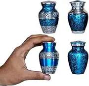 eSplanade Metal Mini Cremation Urn Keepsake Memorial Jar Pot Container - Set of 4 | Small Urns for Funeral Ashes Burial | Engraved and Textured Keepsakes | Blue - 3" Inches (Blue)