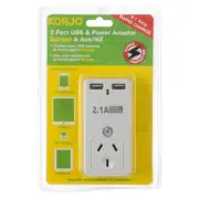 NEW Korjo Two Port USB Adaptor Plug for Australia and Europe