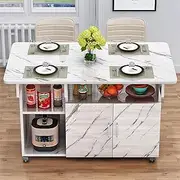 Extendable Folding Dining Table, Drop Leaf Kitchen Table, Fold Up Dining Table with Drawer & Storage Shelves, Rolling Space Saving Dining Table by 6 Wheels, in 3 Forms, Space Saving (Color : White-B