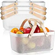 Sadnyy 4 Pcs Plastic Mesh Garden Harvest Basket Storage Basket with Wooden Handle Multi Functional Mesh Bin for Kitchen Cabinet Picnic Fruit Vegetable Gathering Organizer(Large,White)