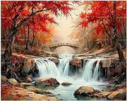 TAOPAOLAB Landscape Paint by Numbers Kit for Adults - DIY Red Forest Waterfalls and Bridge Painting on Canvas 16x20 Inches, Acrylic Paint Set, Suitable for Beginners, Art for Home Decoration or Gifts