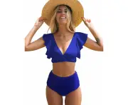Women Ruffle High Waist Swimsuit Two Pieces Push Up Tropical Print Bikini,Blues