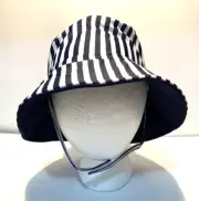 NWT Youth Flap Happy UPF 50 Soft Bucket Hat w/Chin Strap - Navy Stripe - Size XL
