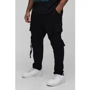 Mens Black Plus Fixed Waist Multi Cargo Strap Detail Skinny Cargo Trousers